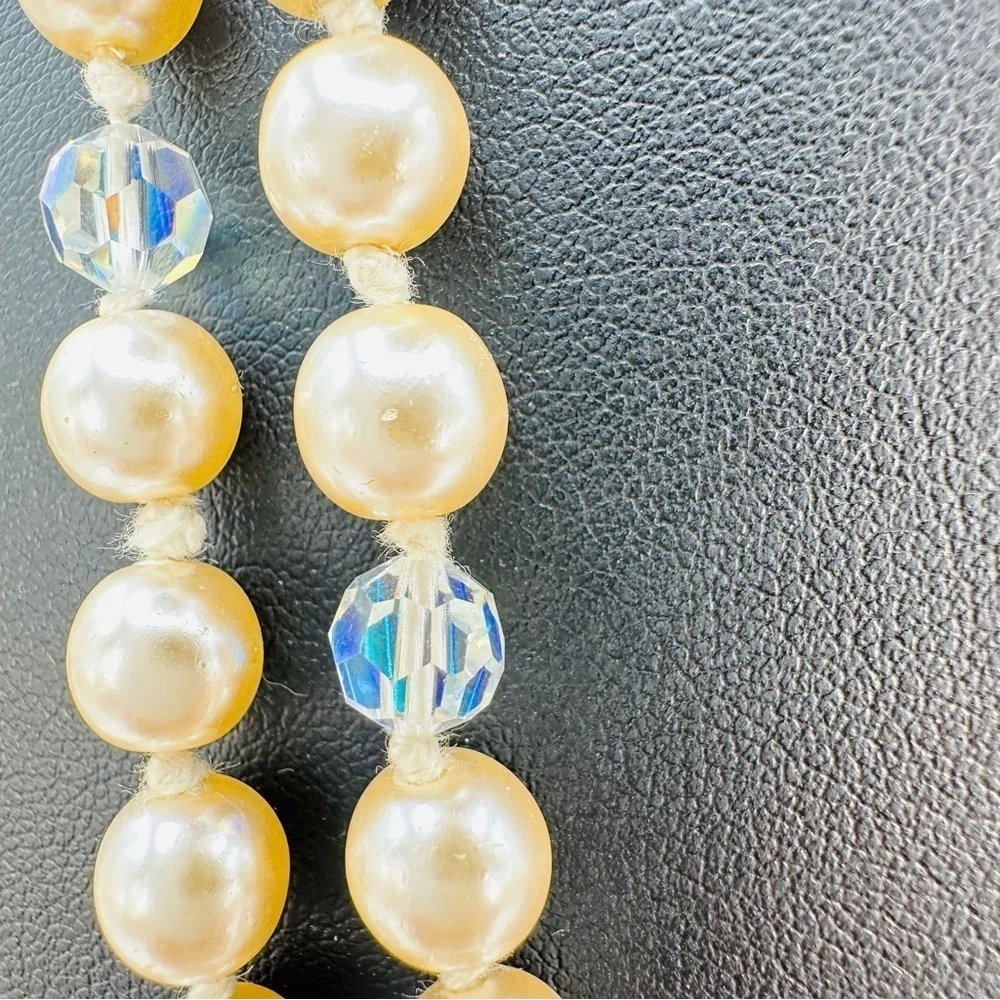 Vintage Glass Pearl Necklace Aurora Borealis Faceted Crystals Knotted Opera 52”